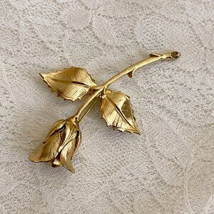 Estate Vintage GIOVANNI Rose Brushed Gold Tone Brooch Long Stemmed Flower Pin